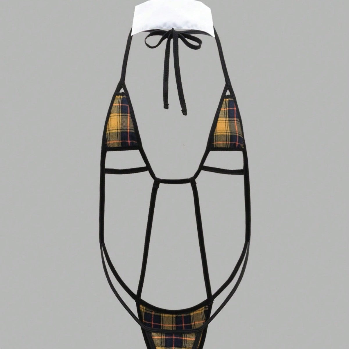 Image of Cross-border foreign trade explosive women's sexy tie strap-on one-piece plaid hollow sex set spot wholesale women